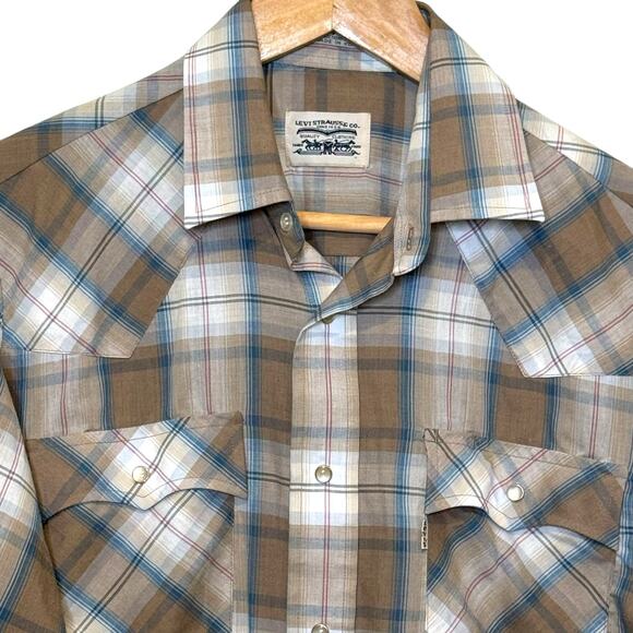 Vintage Size Medium Levi's Levi Strauss & Co Pearl Snap Brown Plaid Shirt Korea - Picture 2 of 9